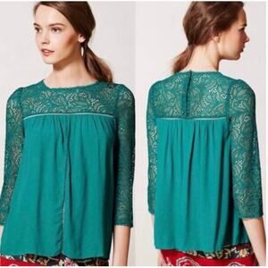 Moulinette Soeurs Anthropologie Women’s 14 Green Lace Boho 3/4 Sleeve Blouse NEW